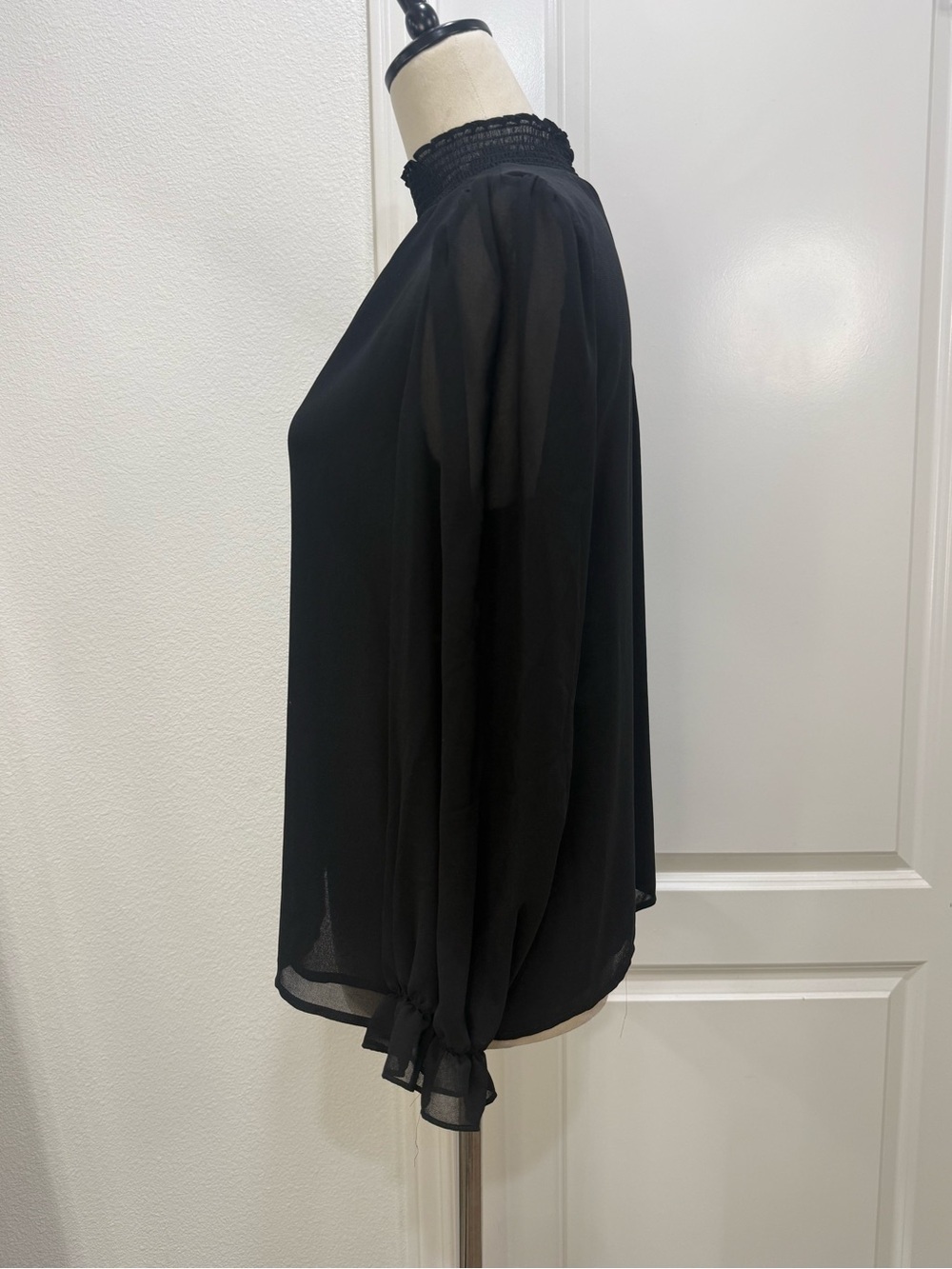 1. State Black Smocked Mock Neck Sheer Sleeve Blouse - Picture 3 of 10